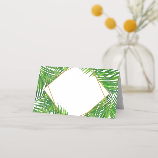 Lush Modern Tropical Palm Leaf Geometric Frame Place Card (Front)