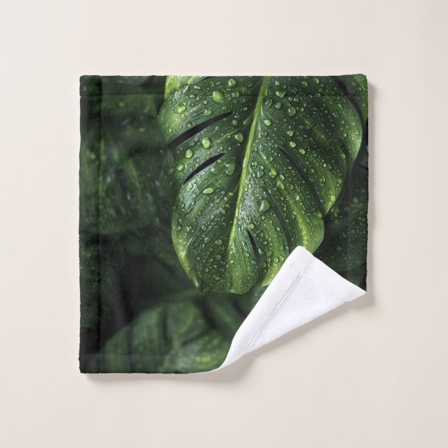 Lush Monstera Leaves with Morning Dew Drops Bath Towel Set (Wash Cloth)