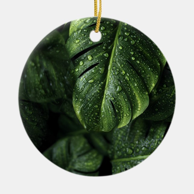 Lush Monstera Leaves with Morning Dew Drops Ceramic Ornament (Front)