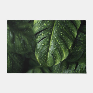 Lush Monstera Leaves with Morning Dew Drops Doormat