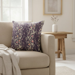 Lush Noir Garden: Watercolor Leafy Roses & Tulips Throw Pillow