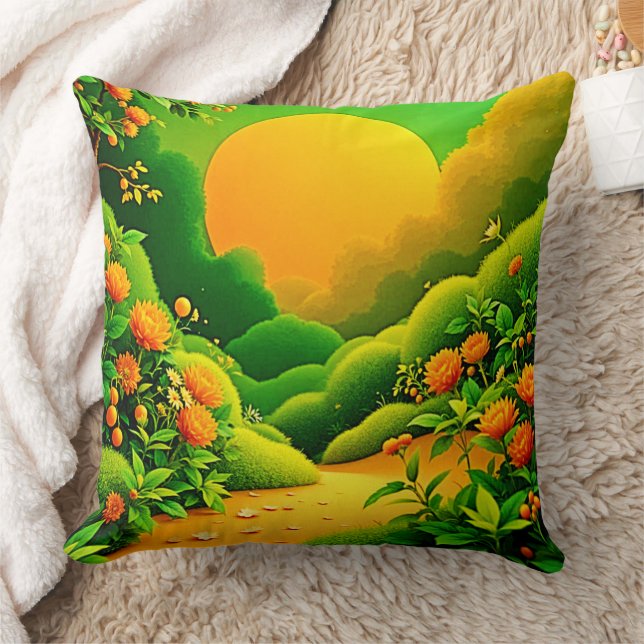Lush Orange Garden Art Throw Pillow (Blanket)