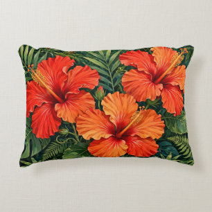 Lush Orange Hibiscus Jungle Flowers Tropical Accent Pillow