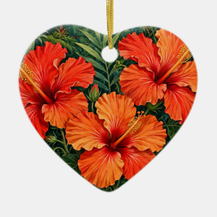 Lush Orange Hibiscus Jungle Flowers Tropical Ceramic Ornament