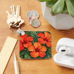 Lush Orange Hibiscus Jungle Flowers Tropical Keychain