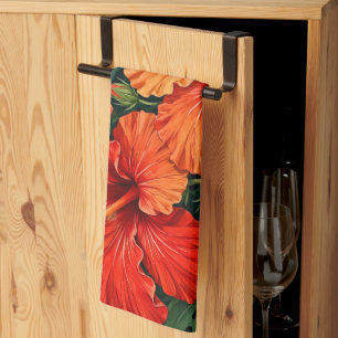 Lush Orange Hibiscus Jungle Flowers Tropical Kitchen Towel