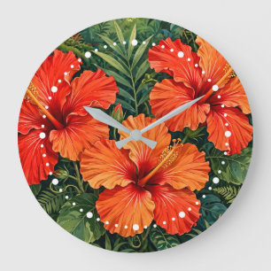 Lush Orange Hibiscus Jungle Flowers Tropical Large Clock