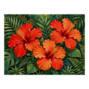 Lush Orange Hibiscus Jungle Flowers Tropical Poster
