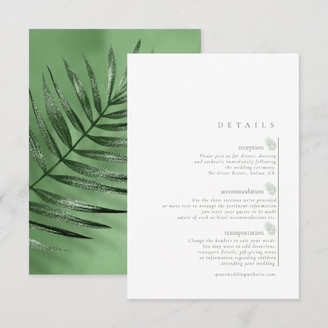Lush Palm Leaf Wedding Details Moss Green ID956 Enclosure Card (Front/Back)