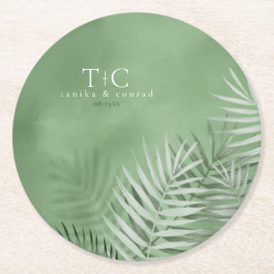 Lush Palm Leaf Wedding Moss Green ID956 Round Paper Coaster