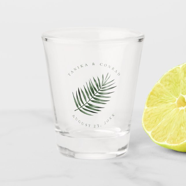 Lush Palm Leaf Wedding Moss Green ID956 Shot Glass (Front)