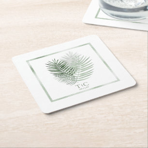 Lush Palm Leaf Wedding Moss Green/White ID956 Square Paper Coaster