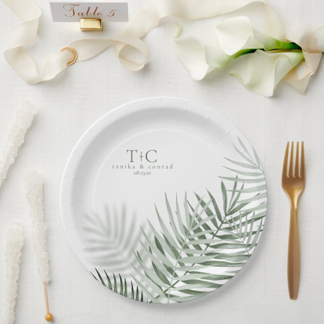 Lush Palm Leaf Wedding Moss Green/Wht ID956 Paper Plate (Wedding)