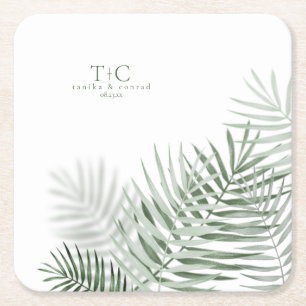 Lush Palm Leaf Wedding Moss Green/Wht ID956 Square Paper Coaster