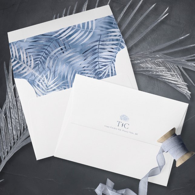 Lush Palm Leaf Wedding Pattern Blue ID956 Envelope (Interior/Back In Situ)