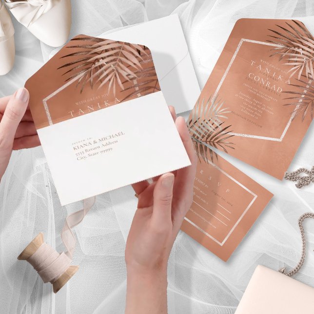 Lush Palm Leaf Wedding Terra Cotta ID956 All In One Invitation (Creator Uploaded)