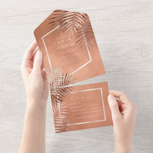 Lush Palm Leaf Wedding Terra Cotta ID956 All In One Invitation (Tearaway)