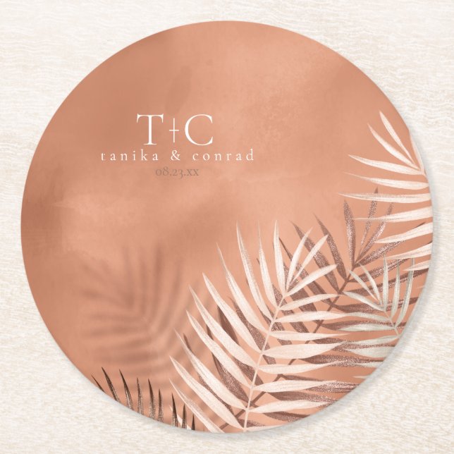 Lush Palm Leaf Wedding Terra Cotta ID956 Round Paper Coaster (Front)