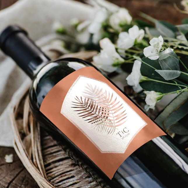 Lush Palm Leaf Wedding Terra Cotta ID956 Wine Label (Creator Uploaded)