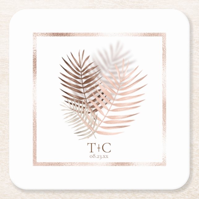 Lush Palm Leaf Wedding Terra Cotta/White ID956 Square Paper Coaster (Front)