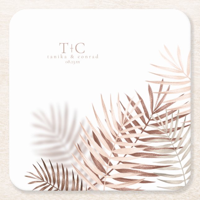 Lush Palm Leaf Wedding Terra Cotta/Wht ID956 Square Paper Coaster (Front)