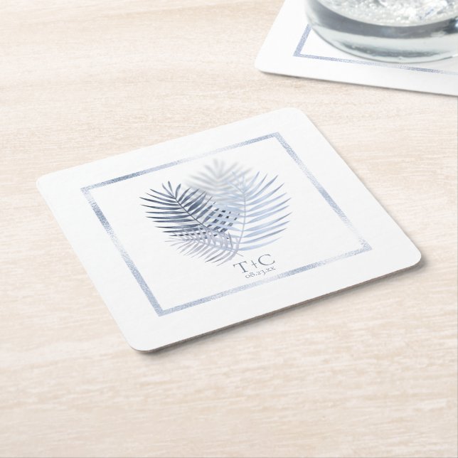 Lush Palm Leaf Wedding Windsor Blue/White ID956 Square Paper Coaster (Angled)