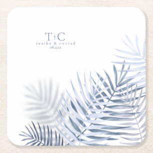 Lush Palm Leaf Wedding Windsor Blue/Wht ID956 Square Paper Coaster