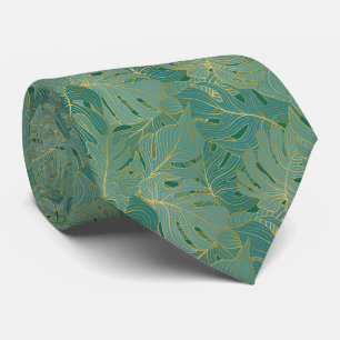 Lush palm leaves pattern in green and gold tie