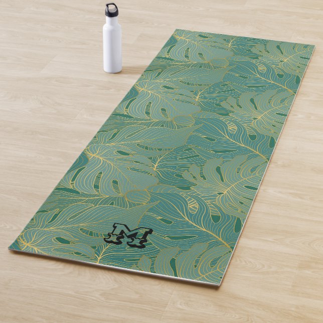 Lush palm leaves pattern in green and gold yoga mat (In Situ)
