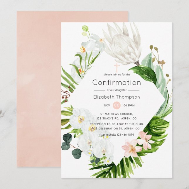 Lush Paradise Tropical Floral Confirmation Invitation (Front/Back)