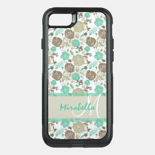 Lush pastel mint green, beige roses on white name OtterBox commuter iPhone 8/7 case