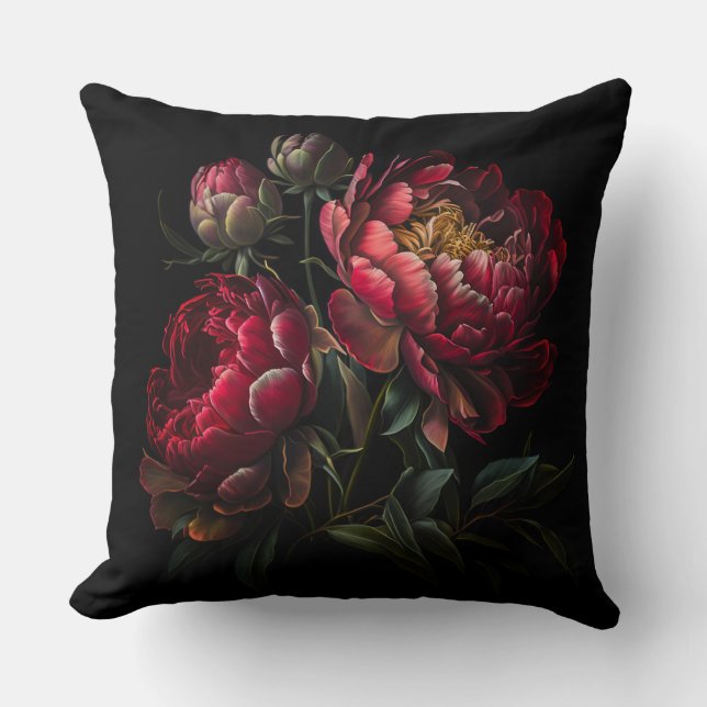  lush peony on a black background throw pillow (Front)