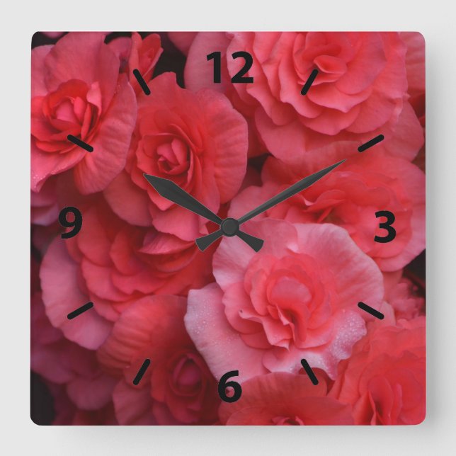 Lush Pink Double Begonia Square Wall Clock (Front)