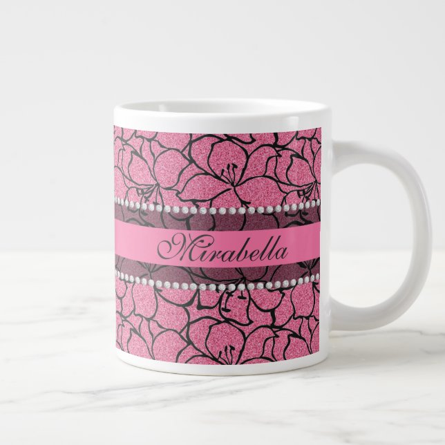 Lush Pink Lilies with black outline, pink glitter Large Coffee Mug (Right)
