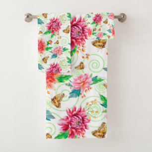 Lush Pink Peonies and Butterflies Bath Towel Set