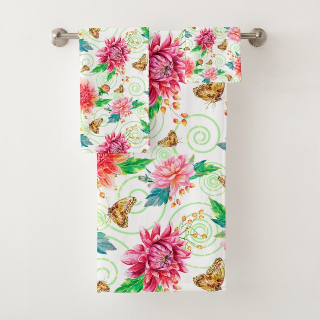 Lush Pink Peonies and Butterflies Bath Towel Set (Insitu)