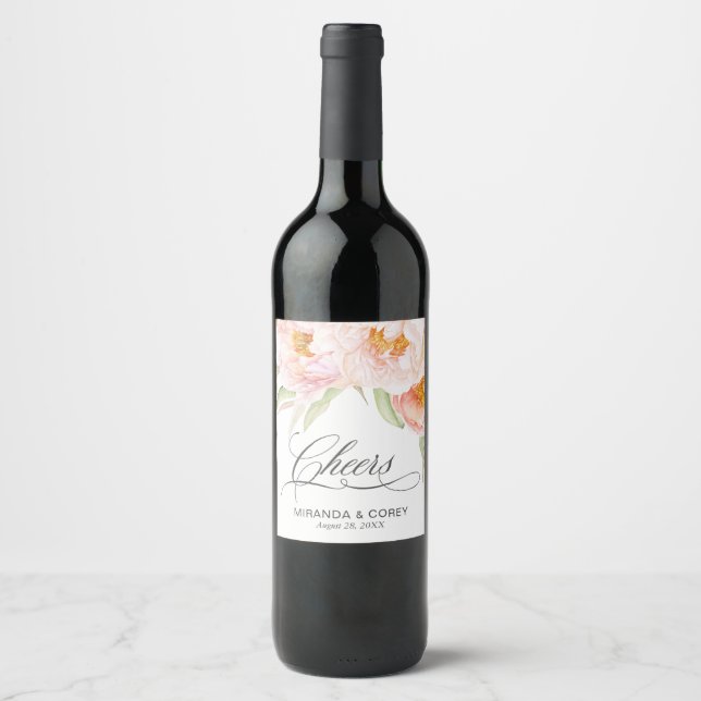 Lush Pink Peonies Romantic Wedding Floral Wine Label (Front)