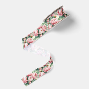 Lush Pink Peony Dense Floral Wedding Favour Grosgrain Ribbon