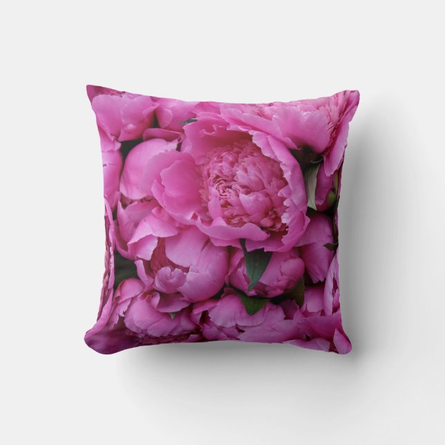 Lush Pink Peony Flowers Throw Pillow (Front)