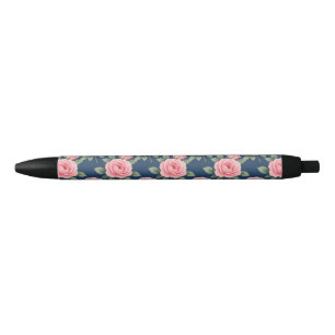 Lush pink roses botanical pattern black ink pen