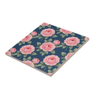 Lush pink roses botanical pattern tile