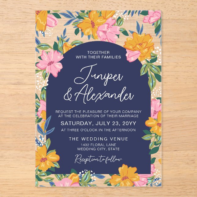 Lush Pink Yellow Flowers Dark Blue Wedding Acrylic Invitations (Front)