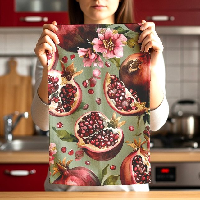 Lush Pomegranate Fruit and Flowers Pattern Kitchen Towel (Creator Uploaded)