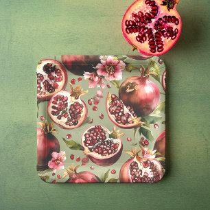 Lush Pomegranate Fruit and Flowers Pattern Paper Plate