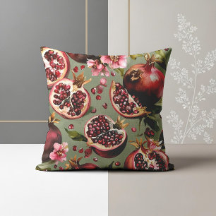 Lush Pomegranate Fruit and Flowers Pattern Throw Pillow