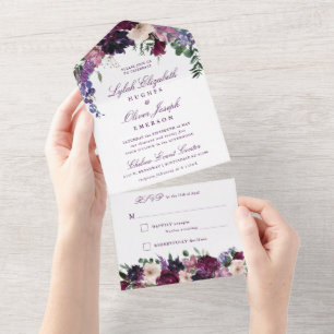 Lush Purple Flowers   Romantic Wedding All In One  Invitation