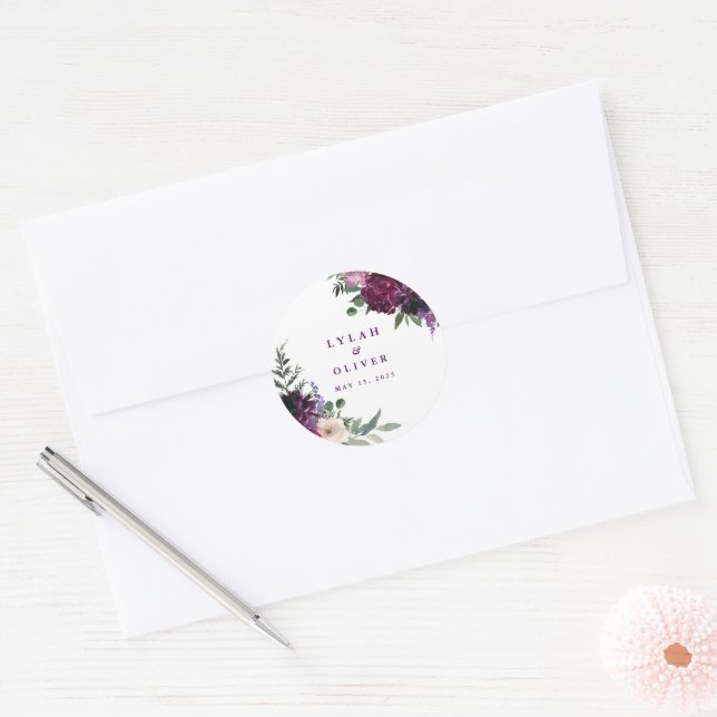 Lush Purple Flowers | Romantic Wedding Classic Round Sticker (Envelope)