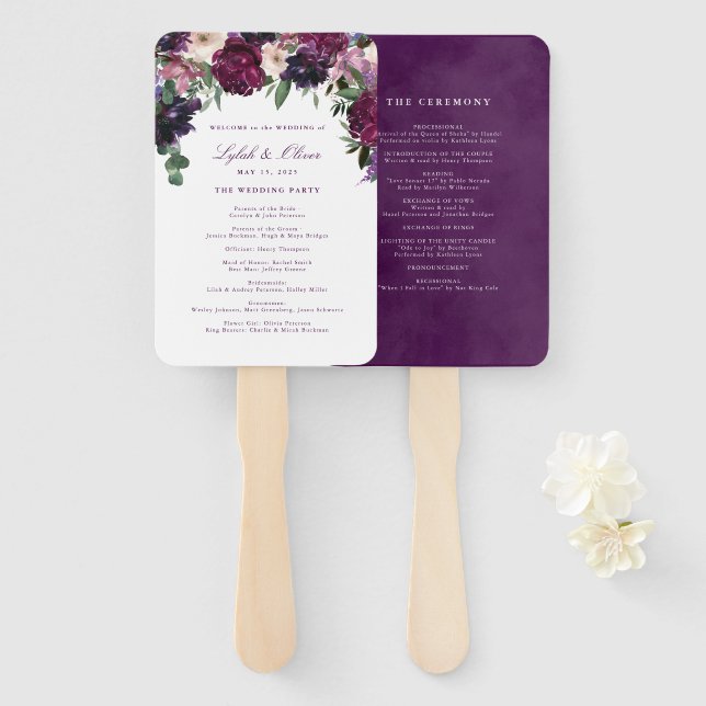 Lush Purple Flowers | Romantic Wedding Program Han Hand Fan (Front and Back)