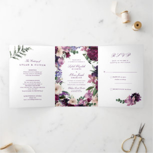Lush Purple Flowers Tri-Fold Wedding Invitations