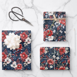 Lush Red and White Floral Pattern on Deep Navy Wrapping Paper Sheet